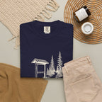 The Trailhead Tee in True Navy, fabric and print detail