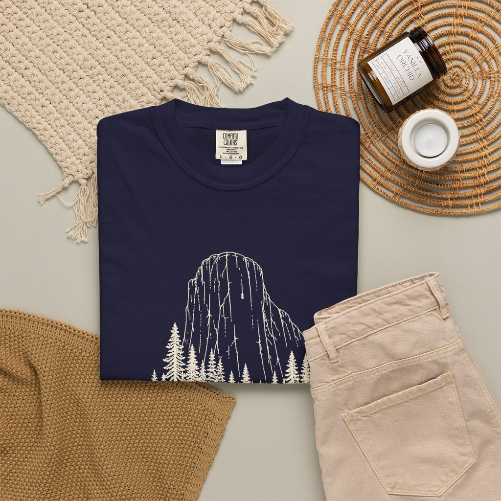 The Crag Tee in True Navy, fabric and print detail