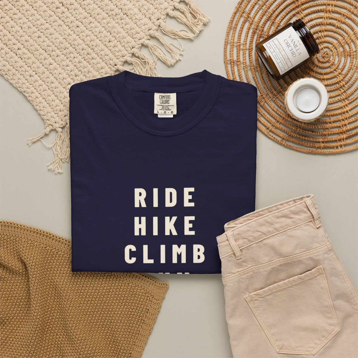 Ride Hike Climb Run Tee in True Navy, fabric and print detail