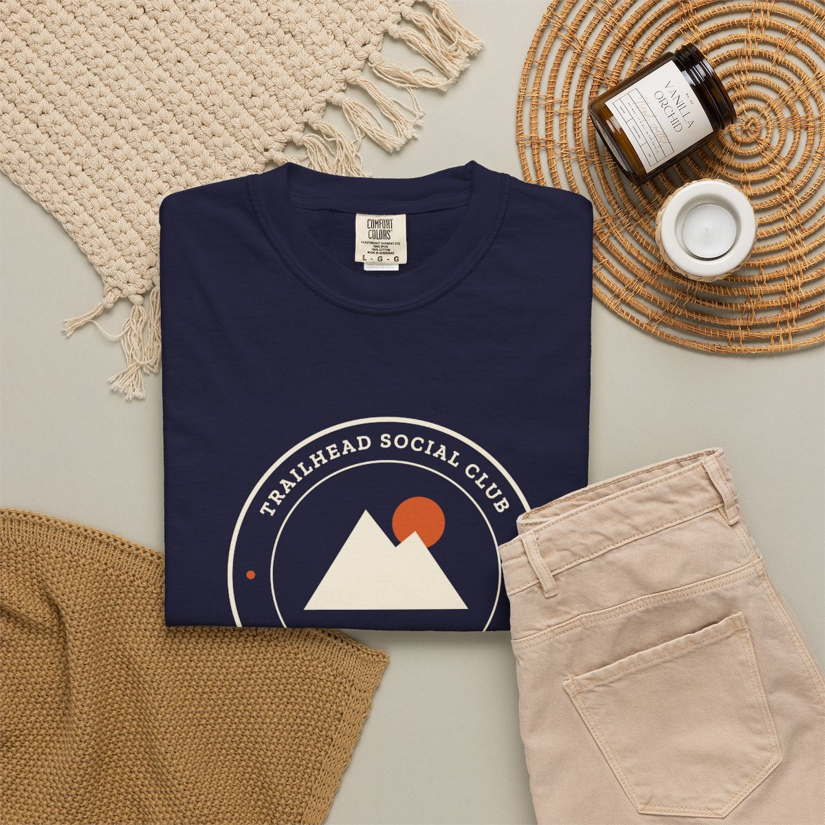 Parking Lot Seal Tee in True Navy, fabric and print detail