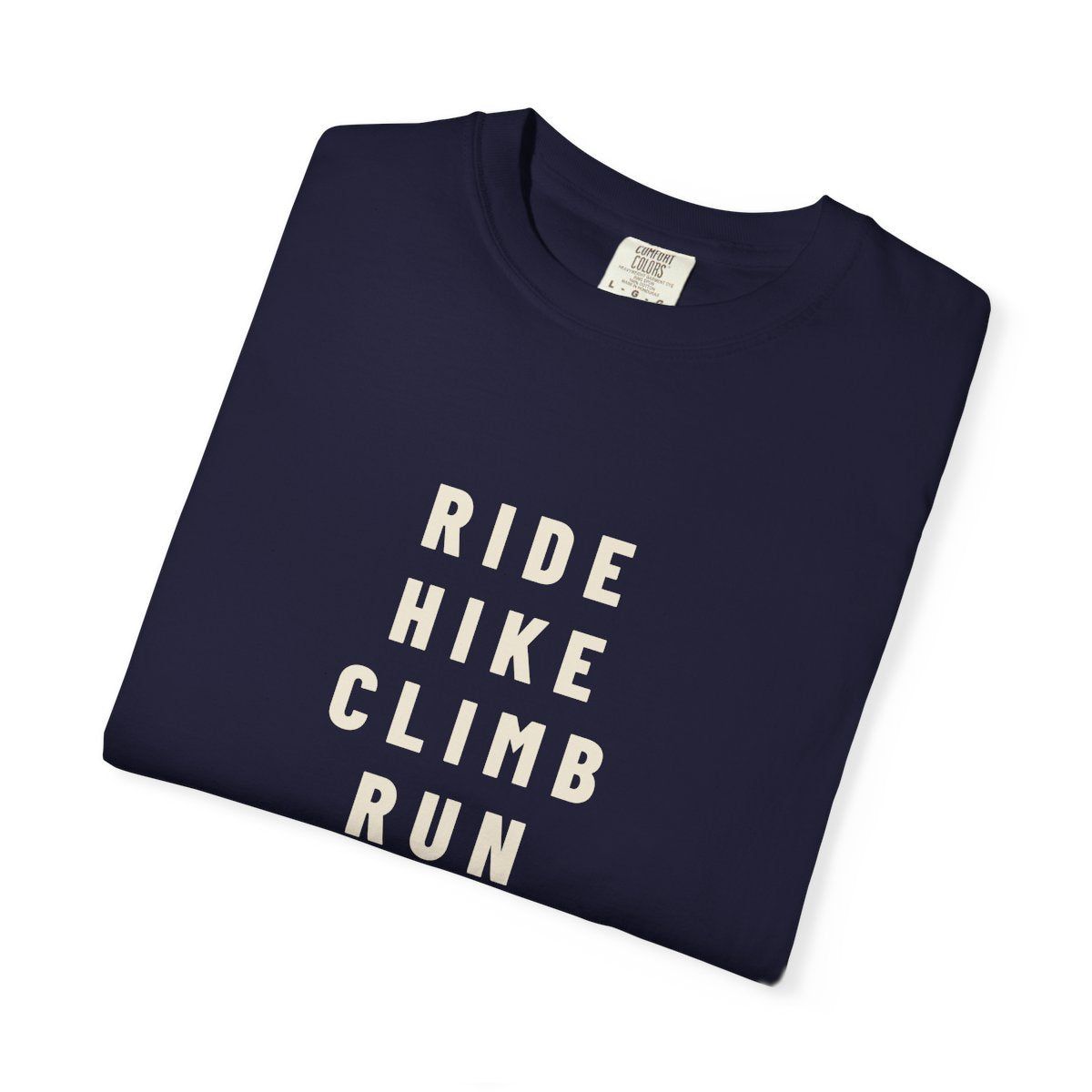 Ride Hike Climb Run Tee in True Navy, folded