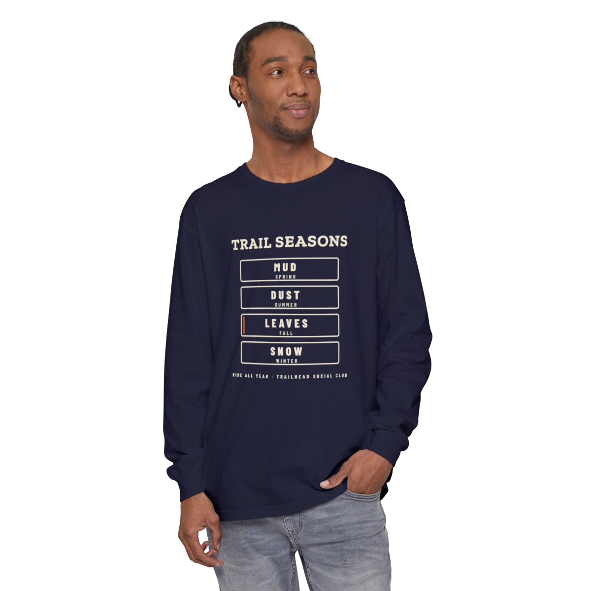 Trail Seasons Long Sleeve Tee in True Navy, on model