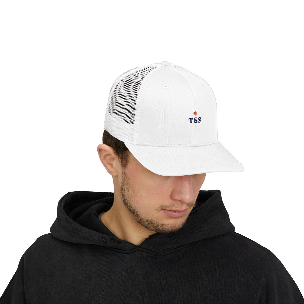 TSS Ball Trucker Hat in White, on model