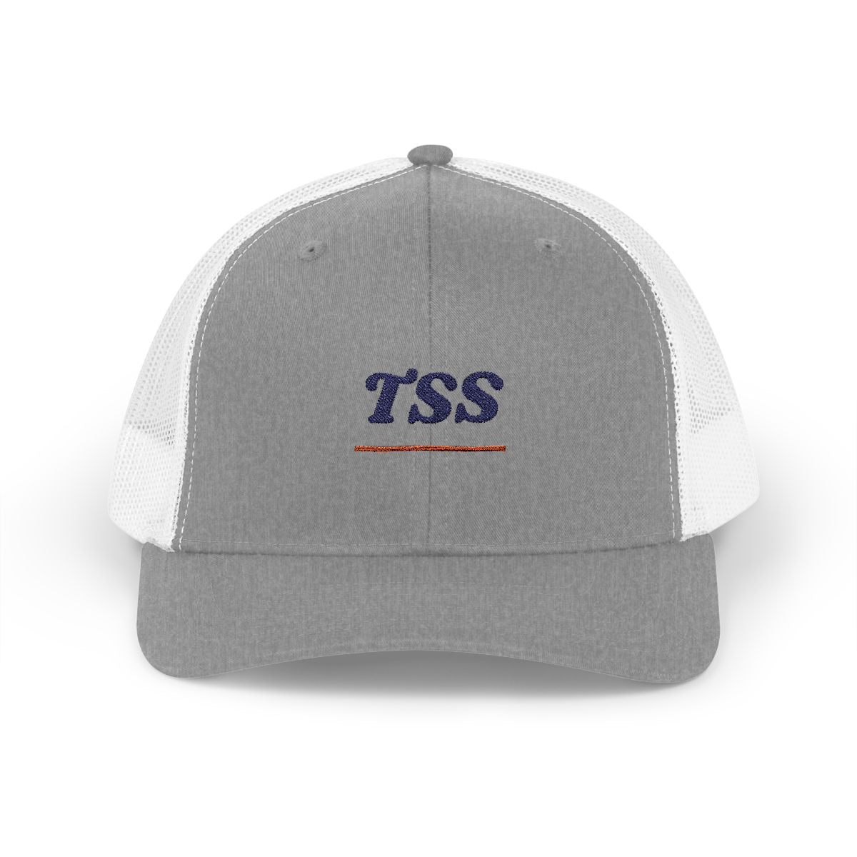TSS Monogram Trucker Hat in Heather Grey / White, front view