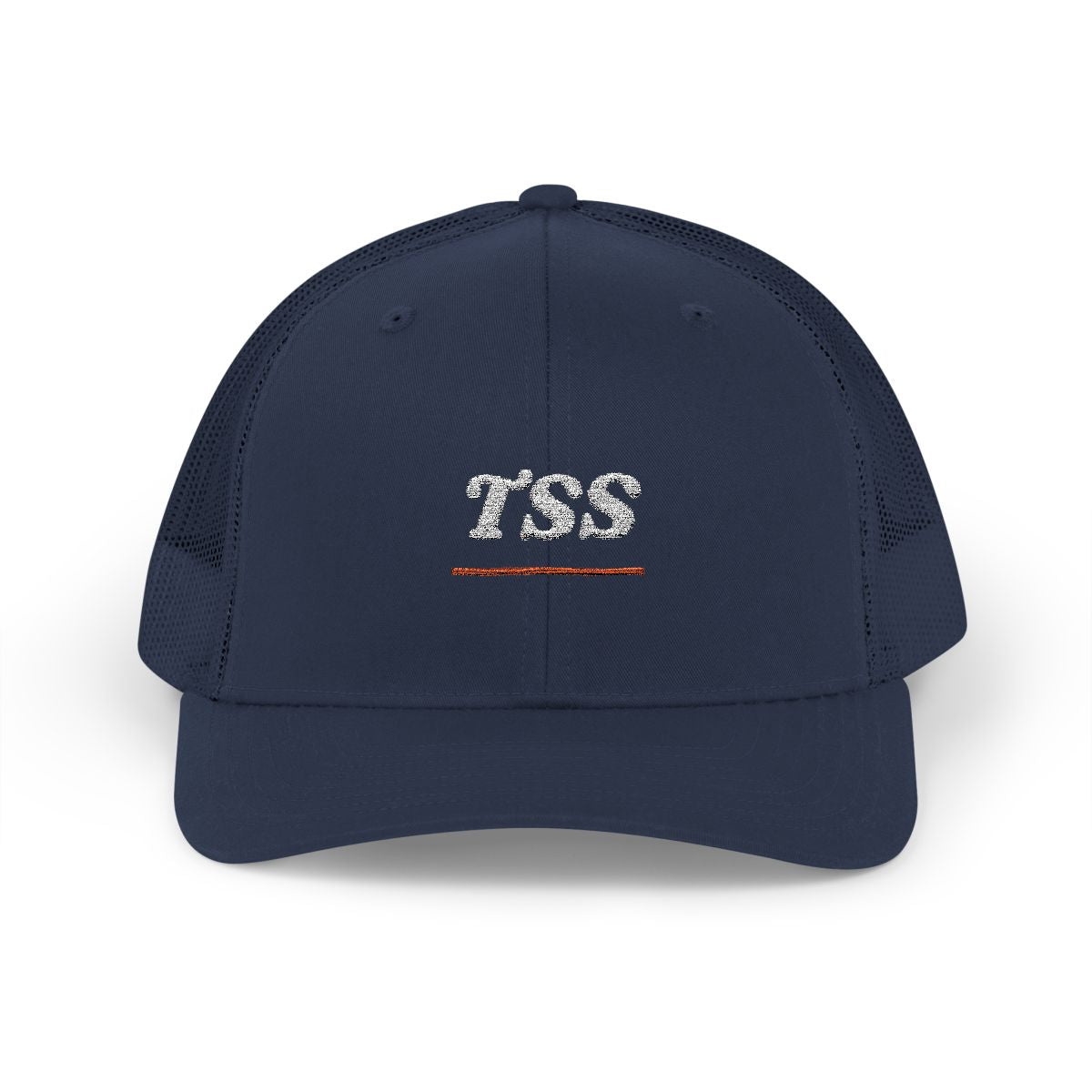TSS Monogram Trucker Hat in Navy, front view