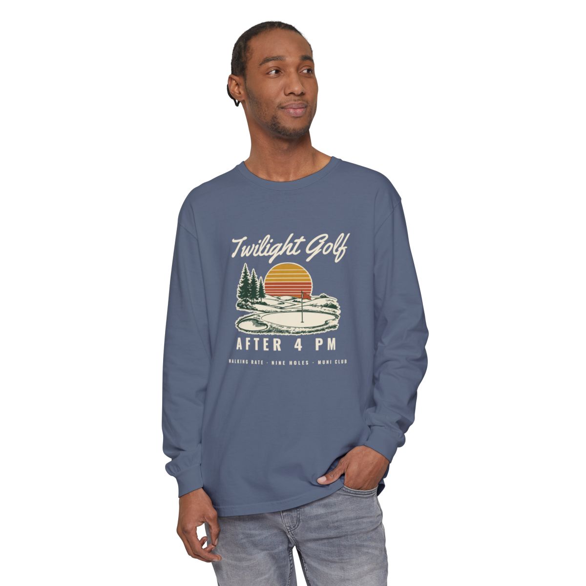 Twilight Golf Long Sleeve Tee in Blue Jean, on model