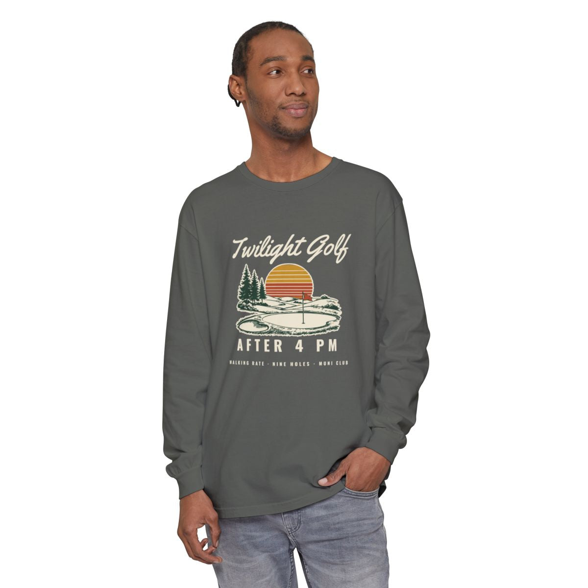 Twilight Golf Long Sleeve Tee in Pepper, on model