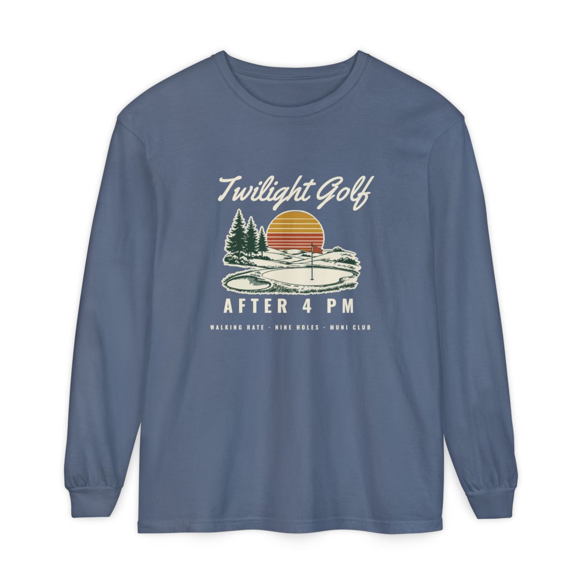 Twilight Golf Long Sleeve Tee in Blue Jean, front view