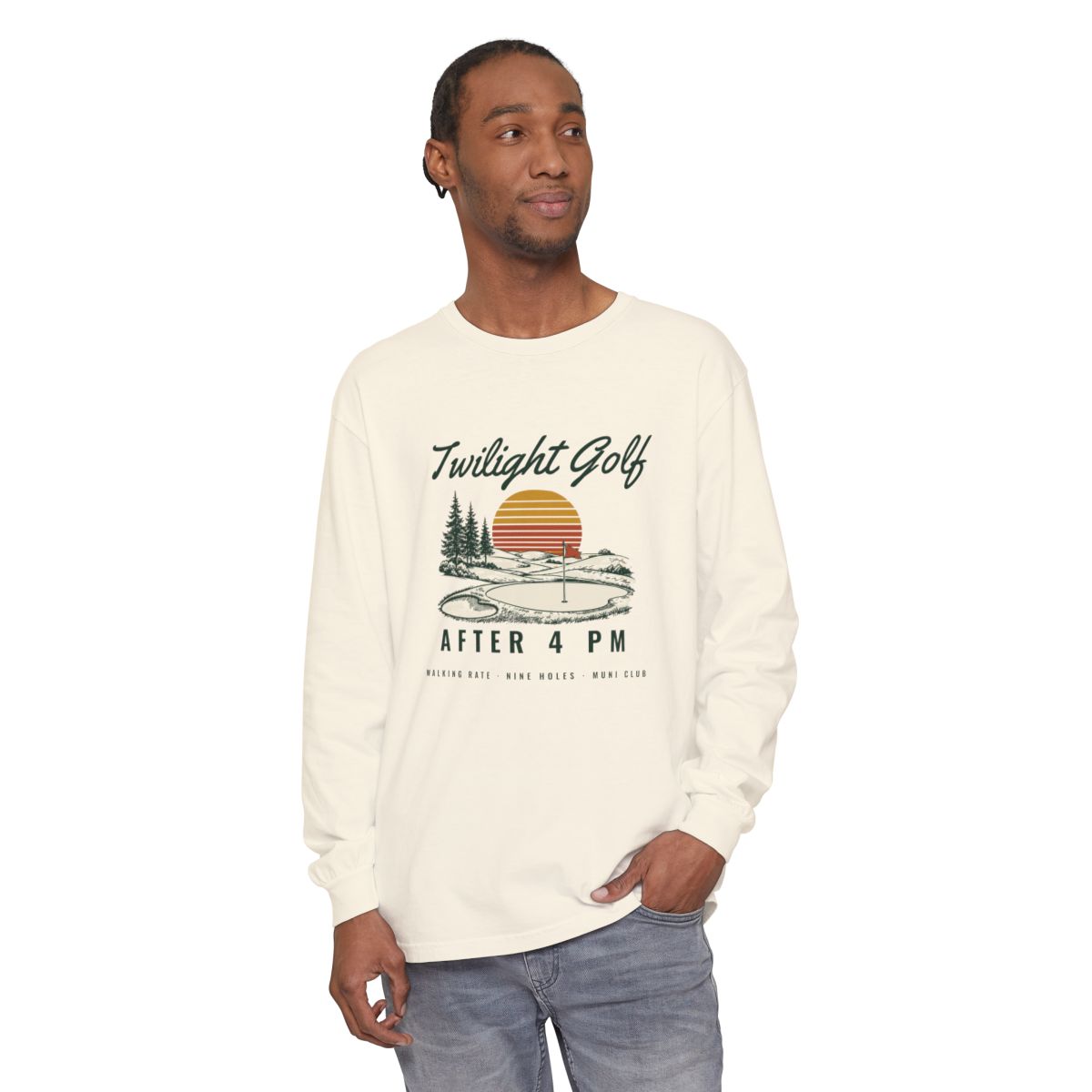Twilight Golf Long Sleeve Tee in Ivory, on model