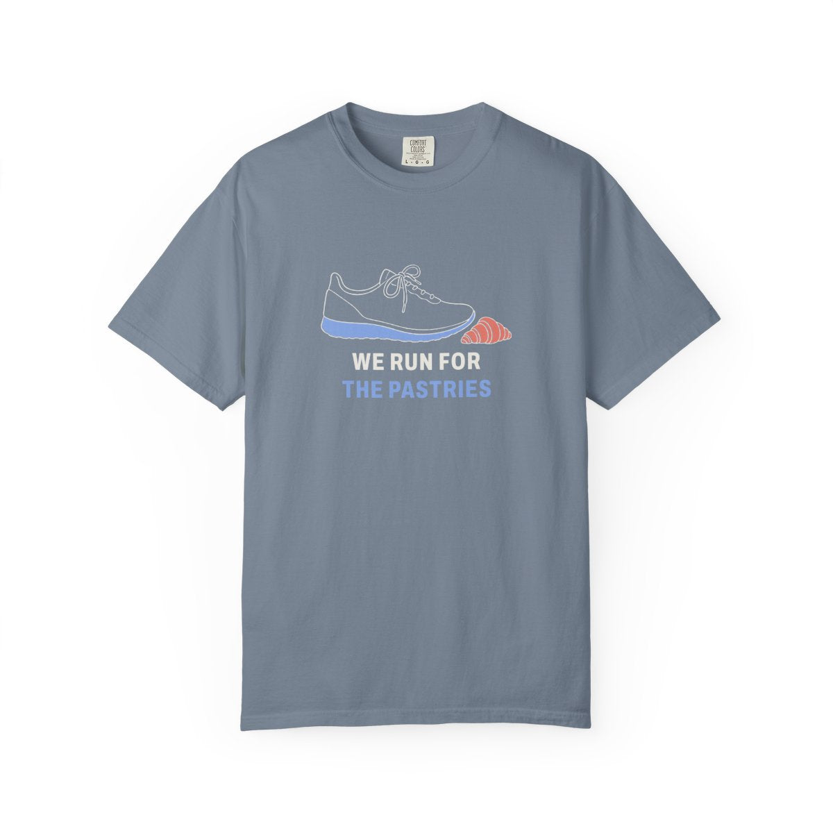 We Run for the Pastries Tee in Blue Jean, front view