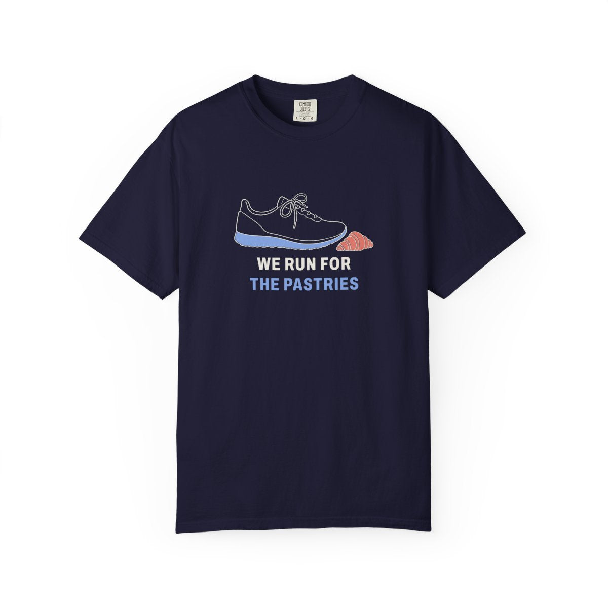We Run for the Pastries Tee in True Navy, front view