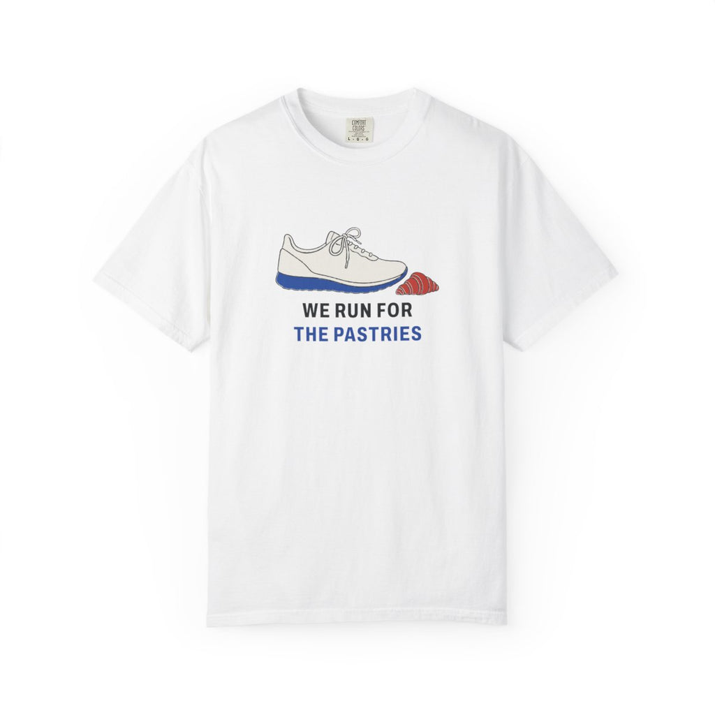 We Run for the Pastries Tee in White, front view