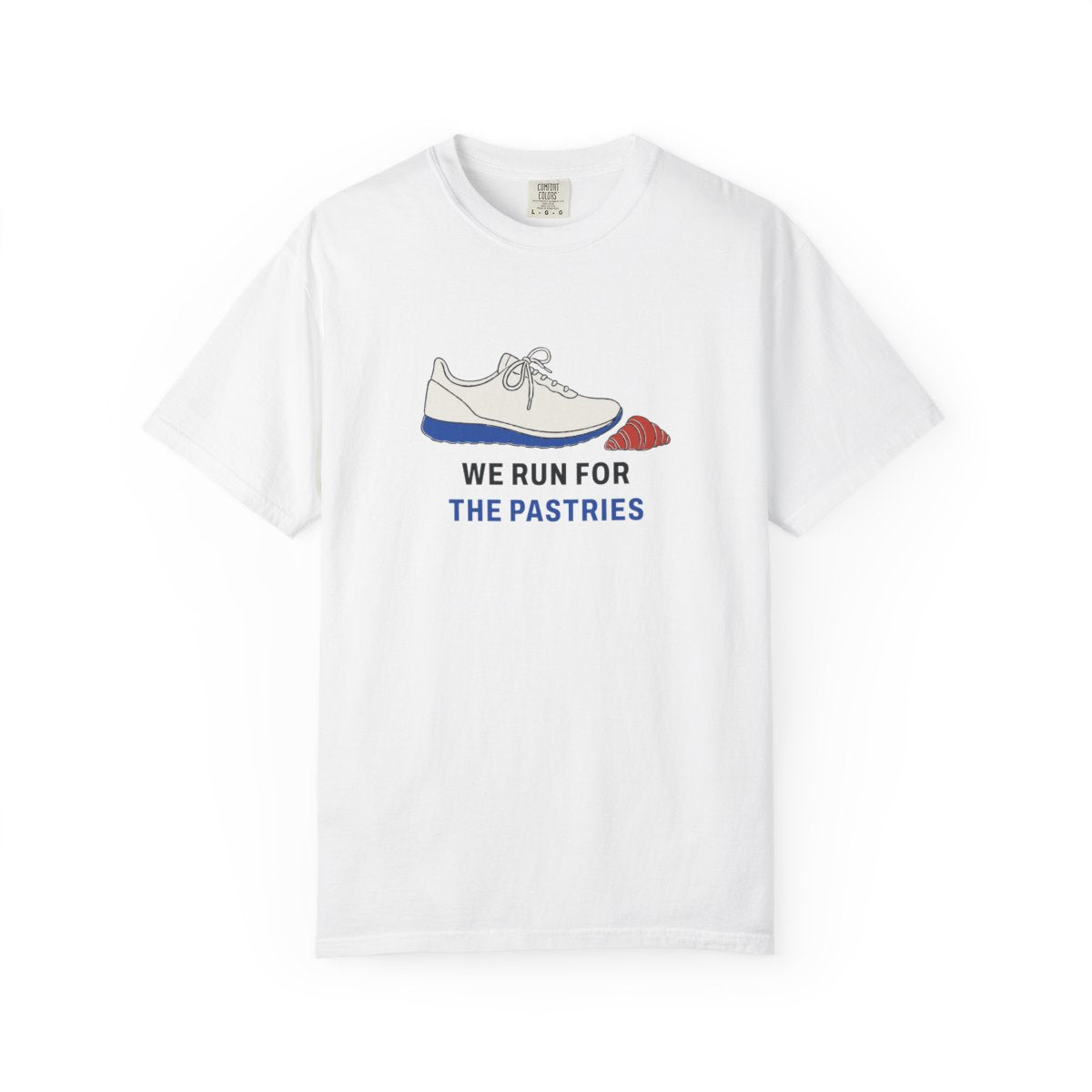 We Run for the Pastries Tee in White, front view