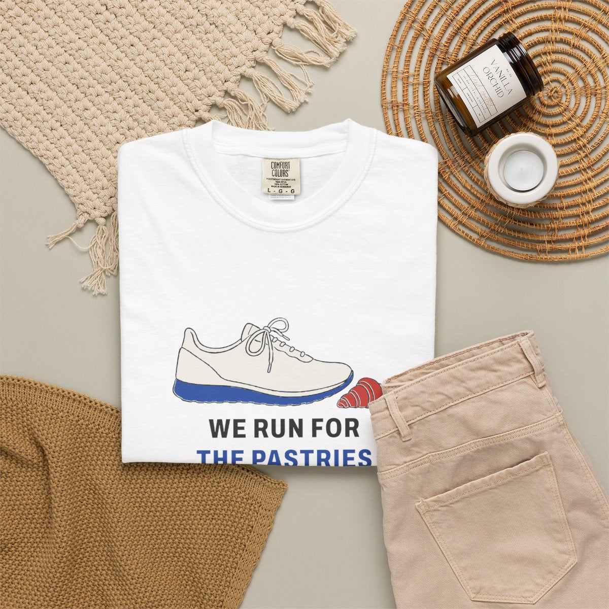 We Run for the Pastries Tee in White, fabric and print detail