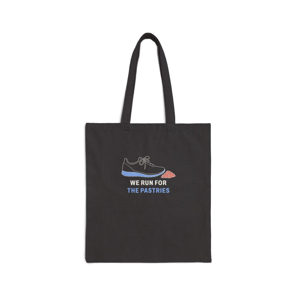 We Run for the Pastries Tote in Black, front view