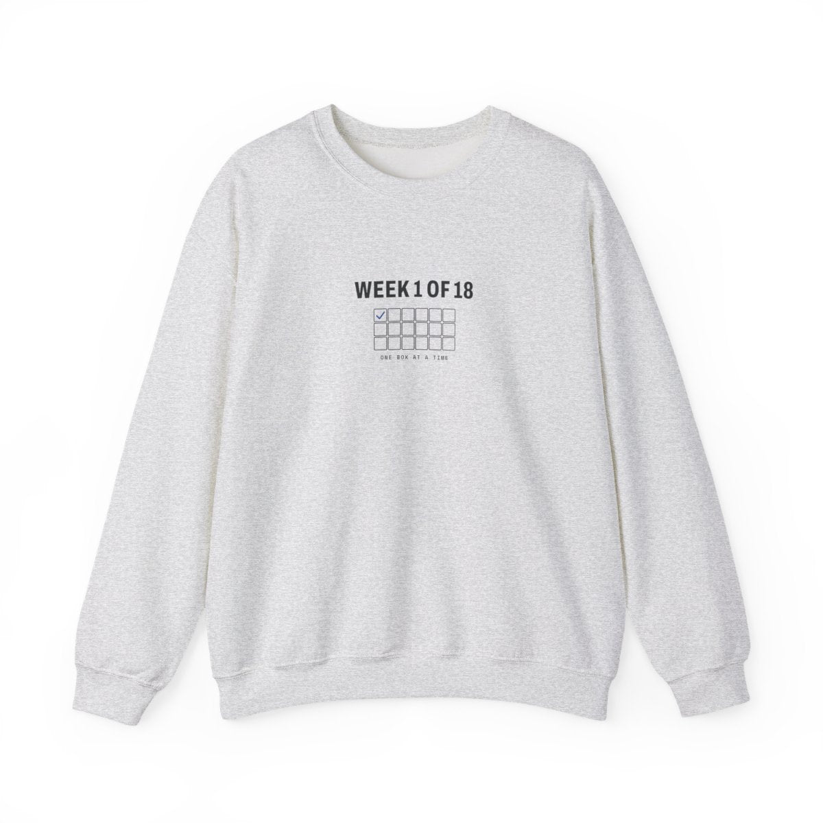 Week 1 of 18 Crewneck in Ash, front view