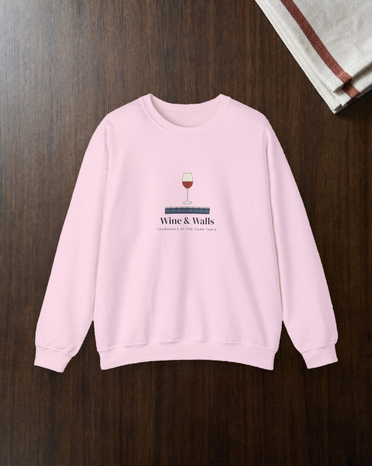 Wine & Walls Crewneck in Light Pink, styled