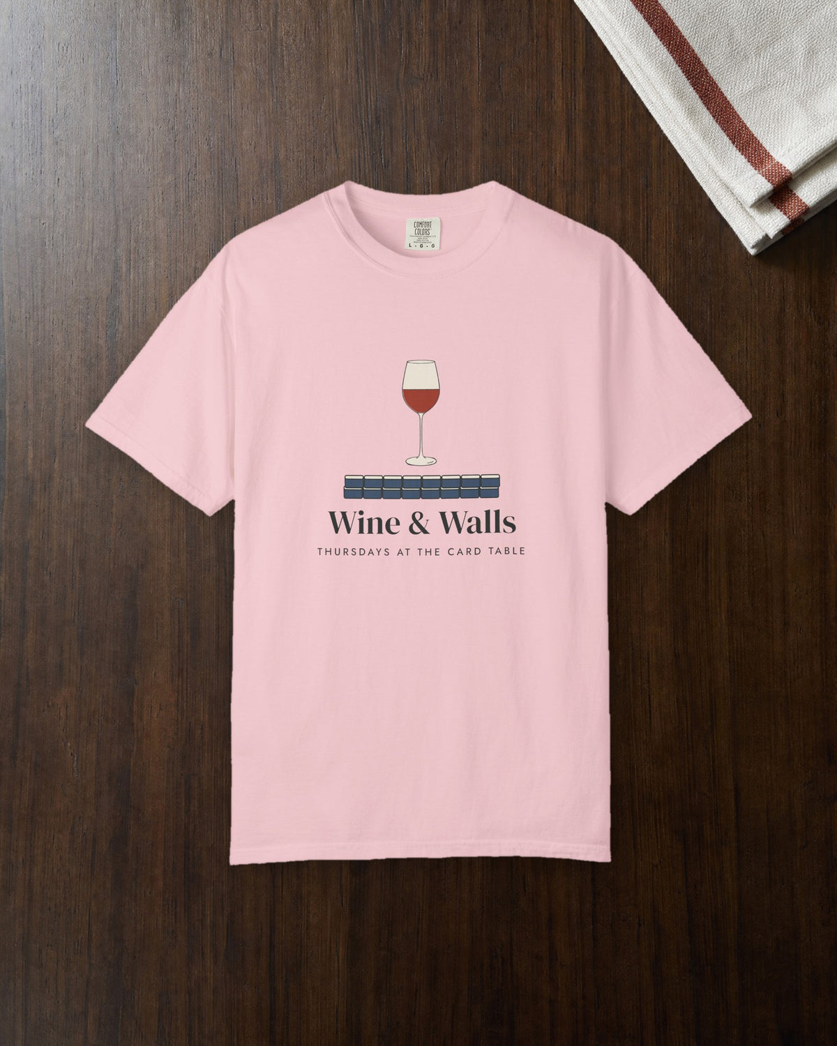 Wine & Walls Tee in Blossom, styled