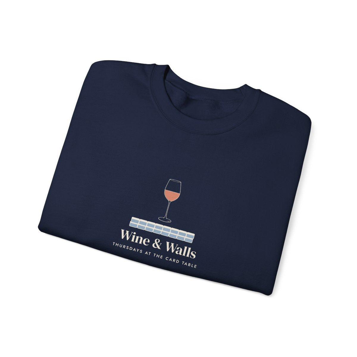 Wine & Walls Crewneck in Navy, folded