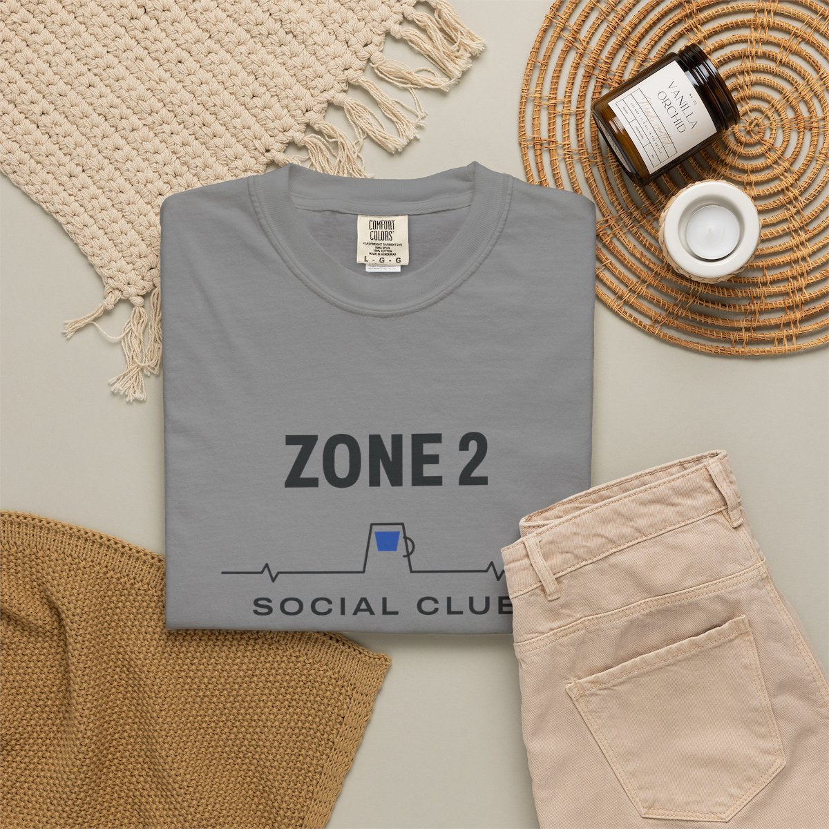 Zone 2 Social Club Tee in Grey, fabric and print detail